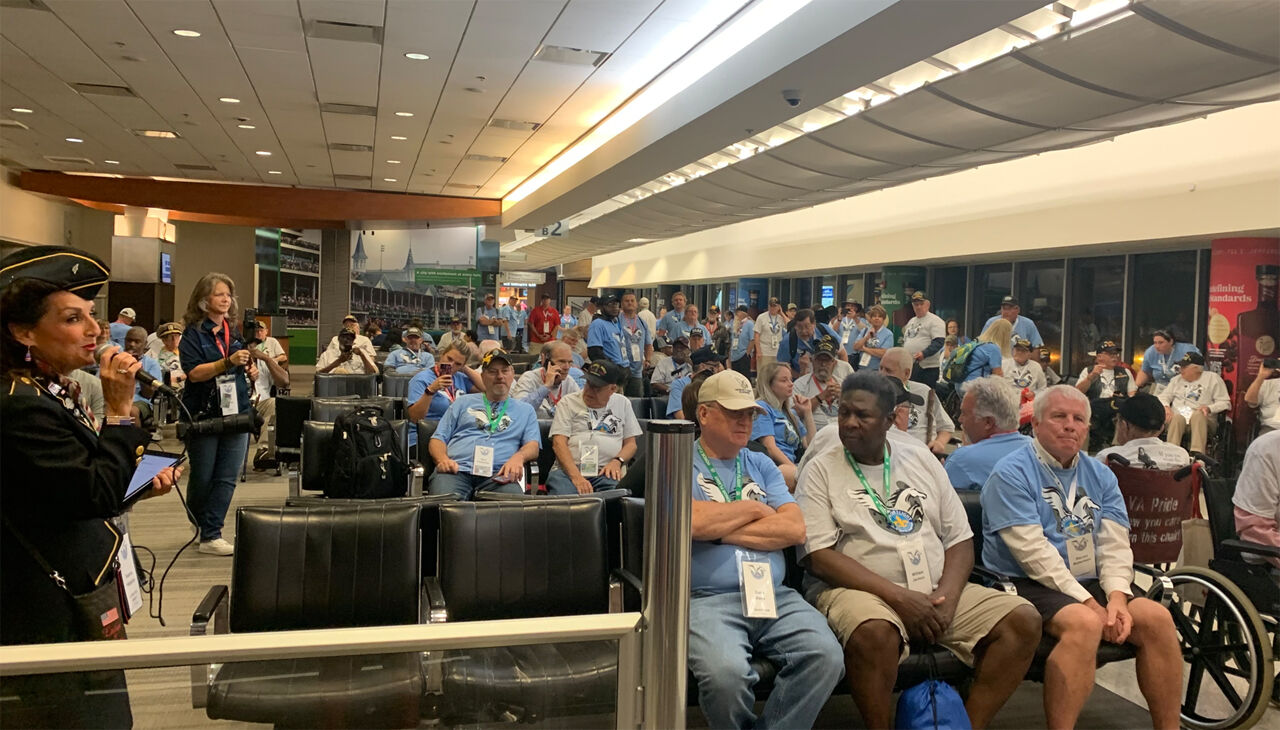 Louisville area veterans wait to board a flight for Washington DC with Honor Flight Bluegrass